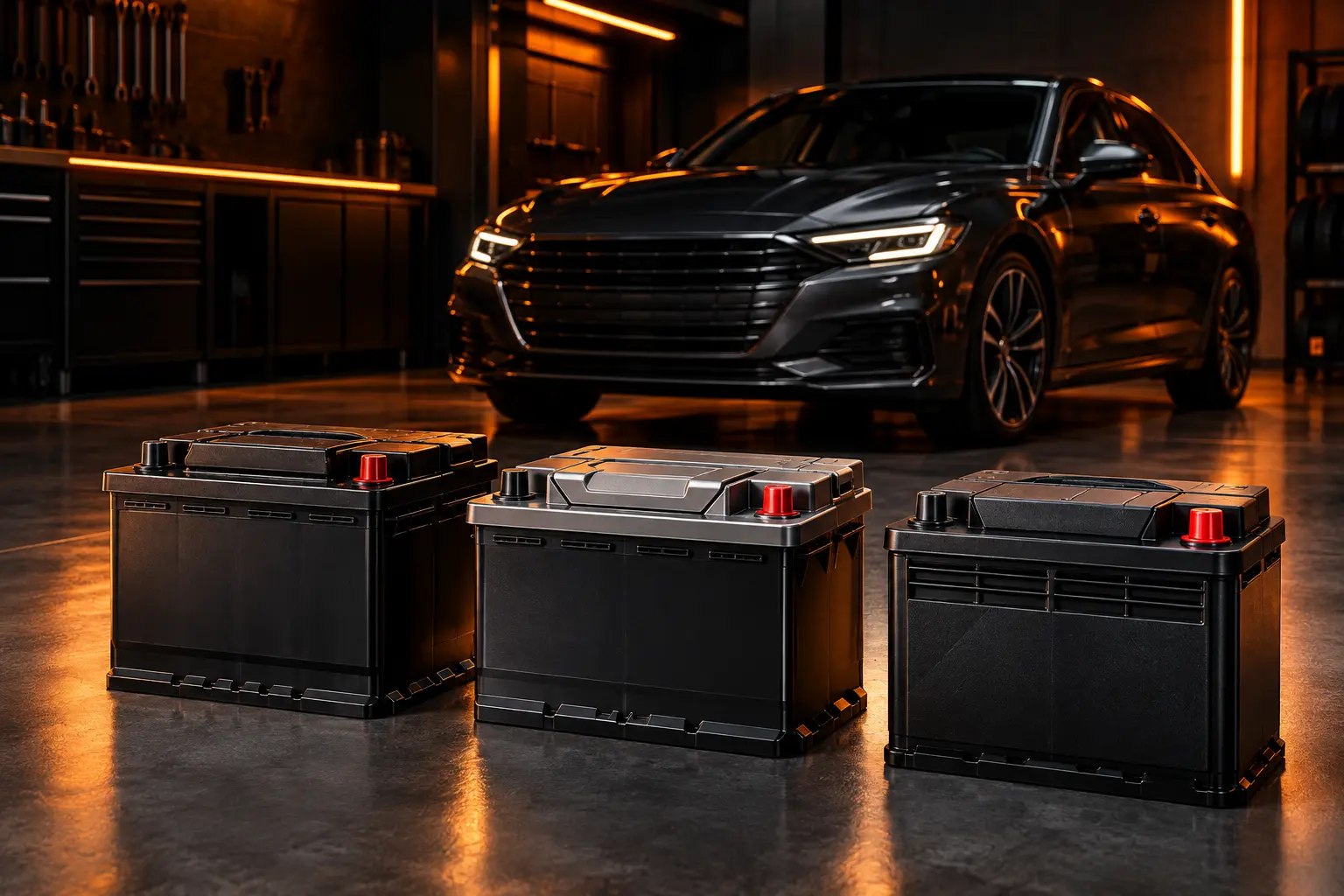 Automóvel preto com baterias automotivas